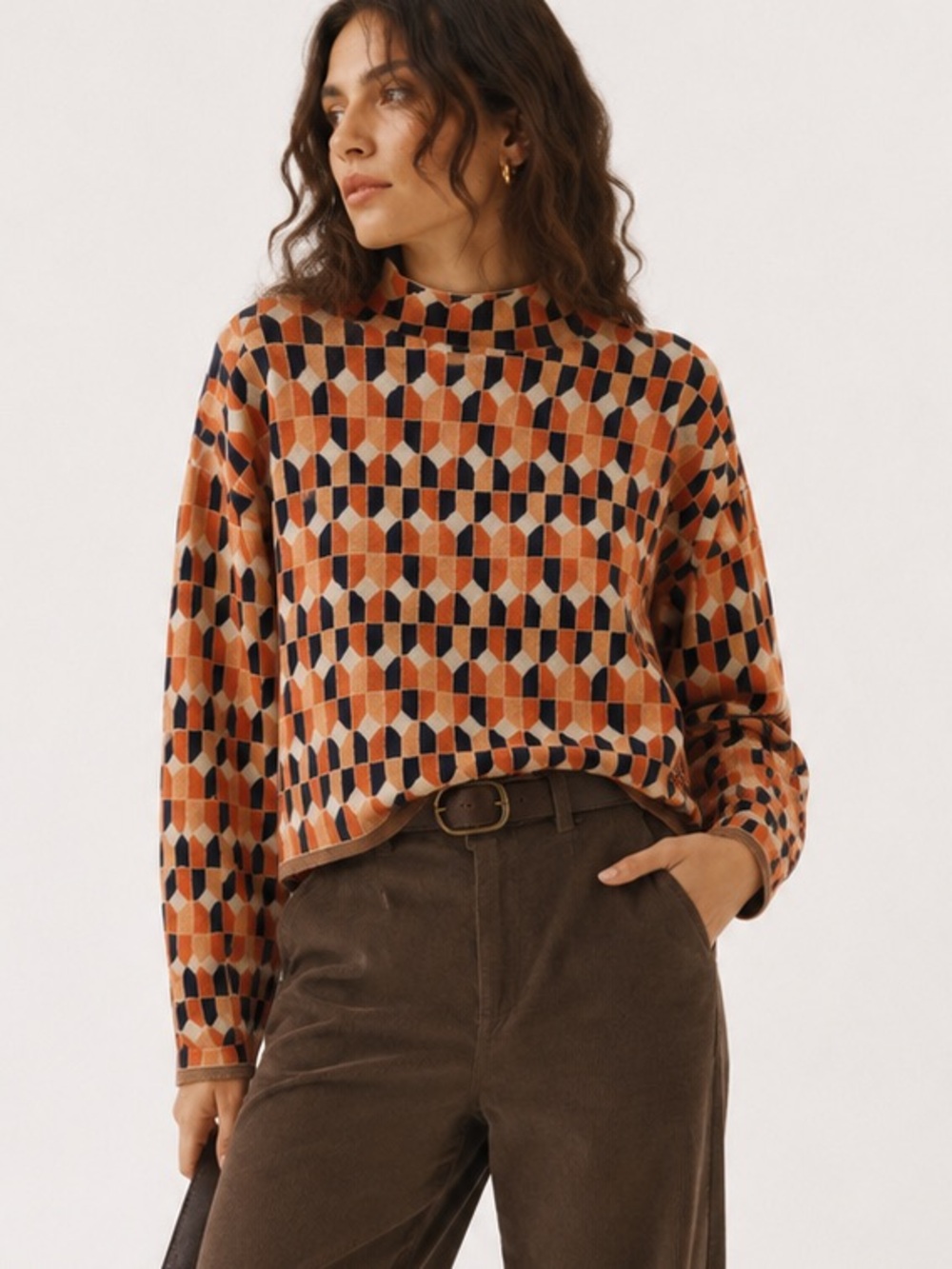 Mave Anthropologie Geometric Knit Sweater Mock Neck Retro Mod Scandi Boxy XS